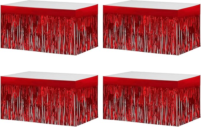 4 Pack Metallic Foil Fringe Tinsel Table Skirts,29x108 Inch Party Disposable Table Skirt Banner for Hotel Banquet Parade Floats Mardi Gras Holiday Birthday Wedding New Year Party Decoration(Red)