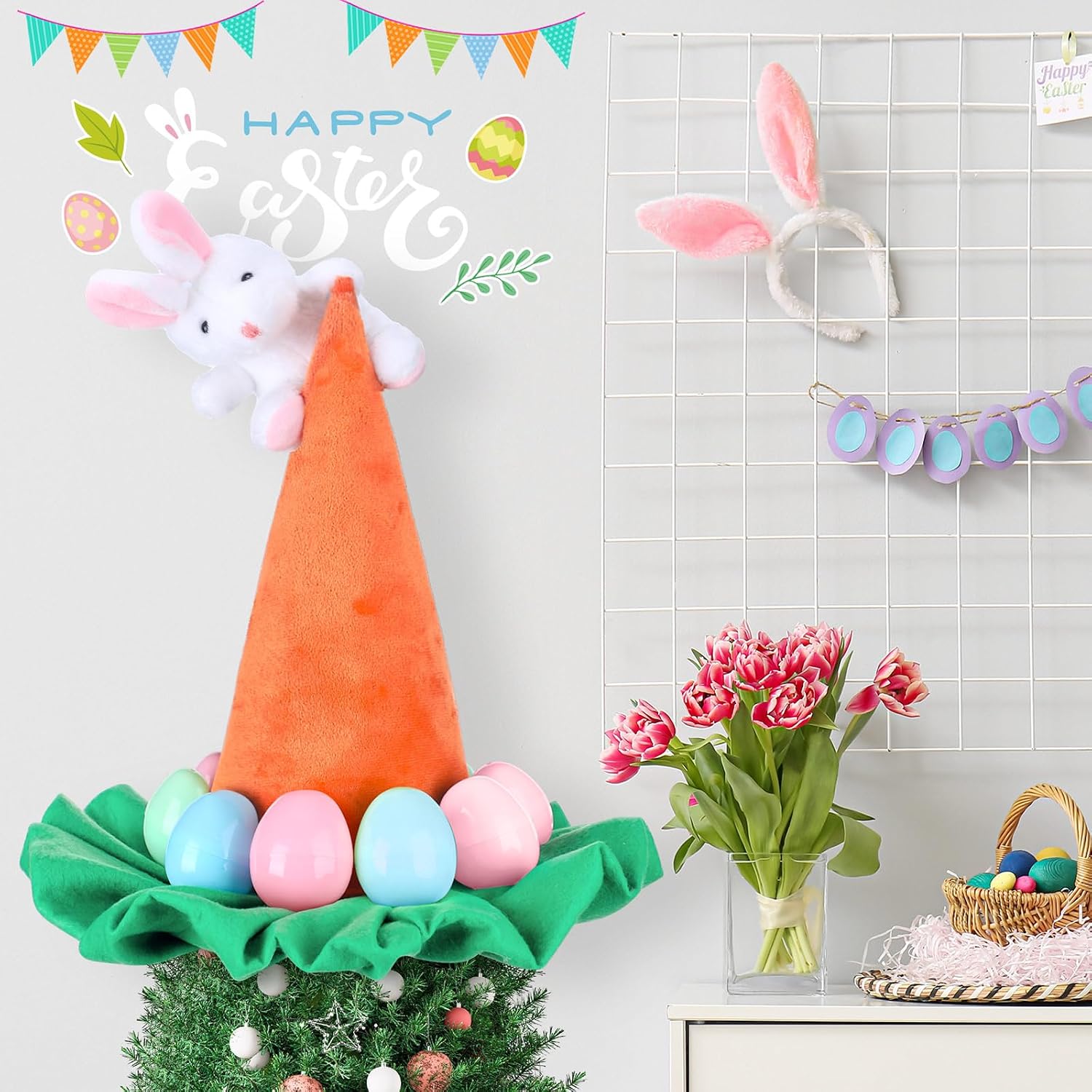 Easter Tree Topper Hat with Bunny Ears Decoration with Bow Carrot Trees Topper Decorations Ornaments for Easter Spring Outdoor Indoor Home Decorative Party Supplies(Carrot)