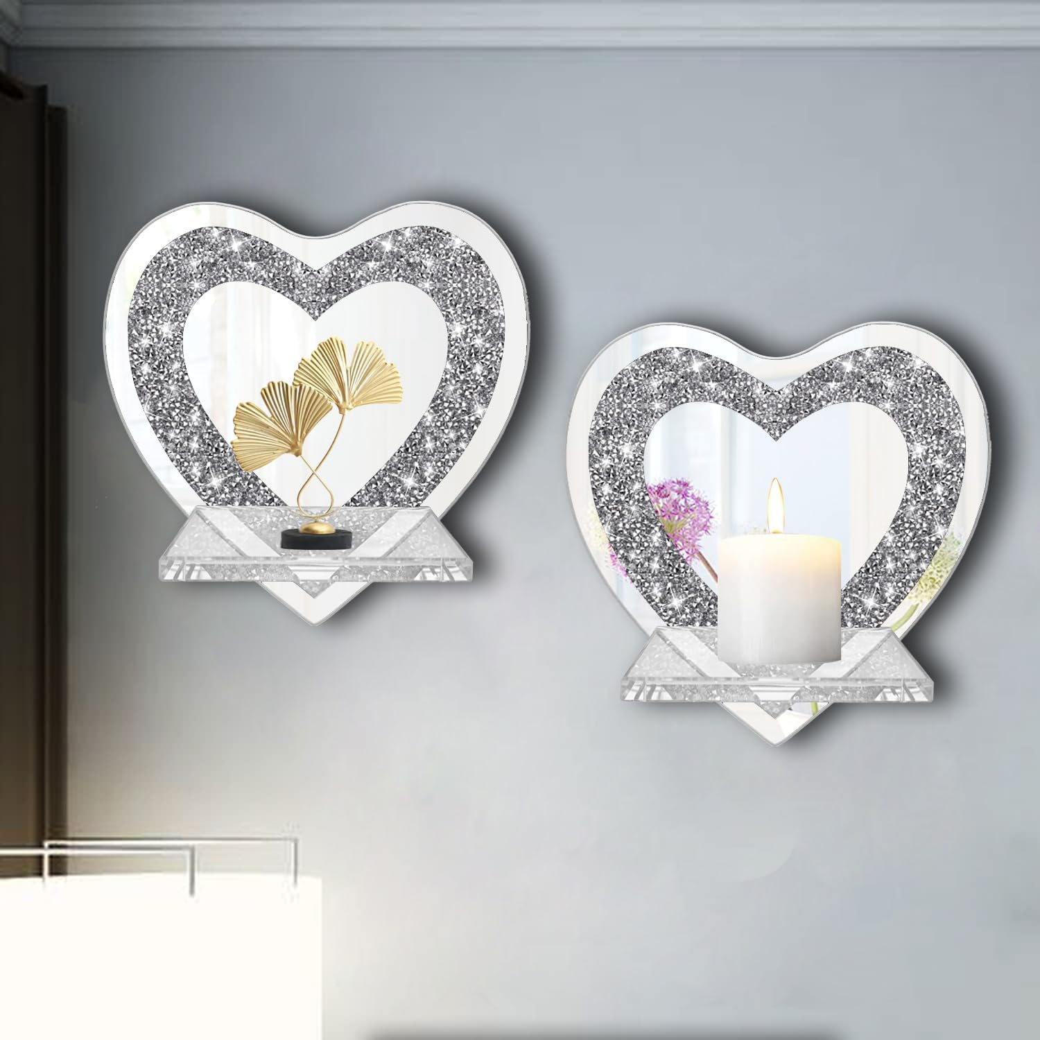 ZOLAPI Set of 2 Crystal Crush Diamond Candle Sconces, Gorgeous Silver Mirrored Wall Sconce, Candle Holder Glass Wall Decorations for Home Décor, Living Room, Dining Room.Heart Shaped