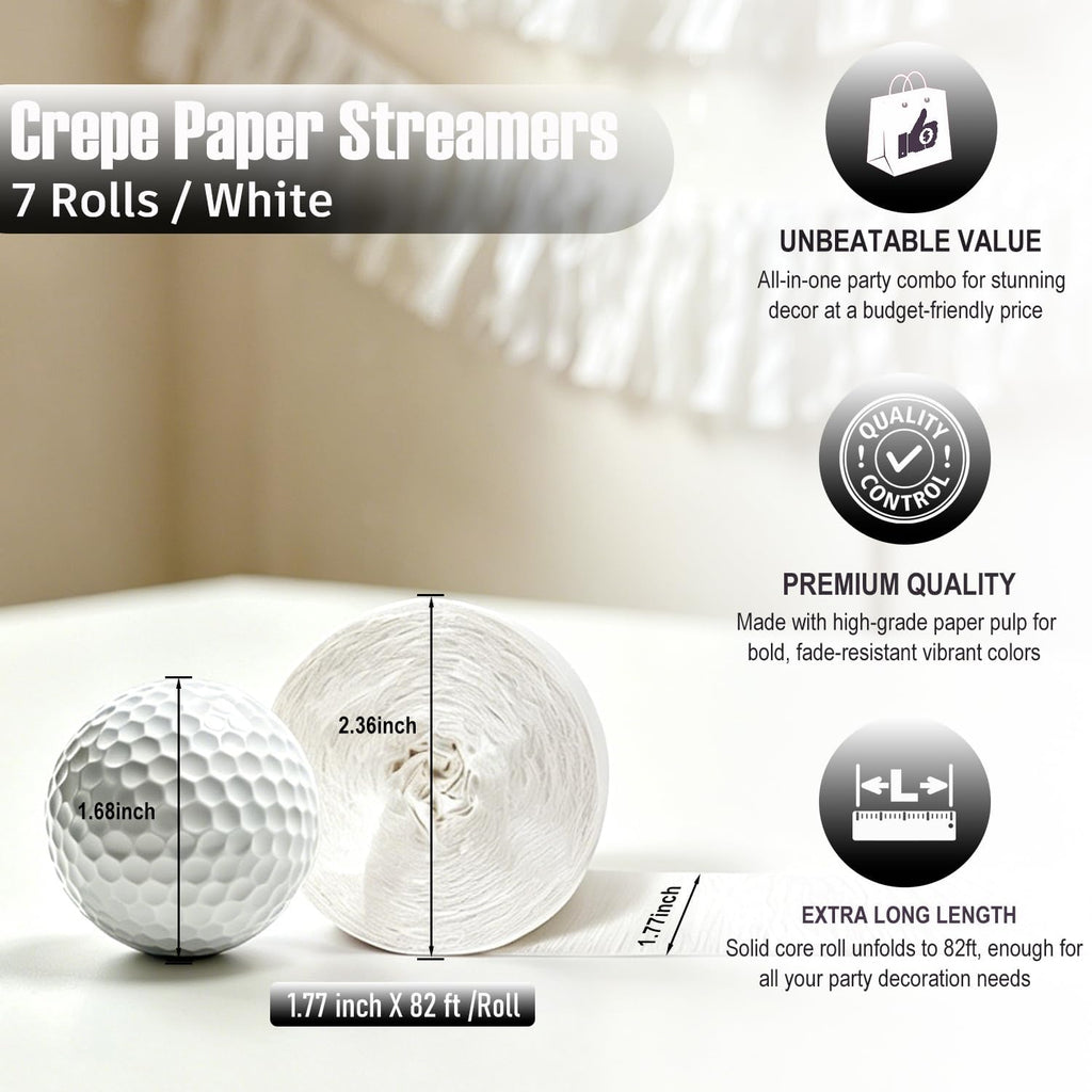 White Crepe Paper Streamers 7 Rolls 574ft of Streamers Party Decorations for Wedding Graduation,Baby Shower,Engagement Anniversary,Birthday Decorations (White)