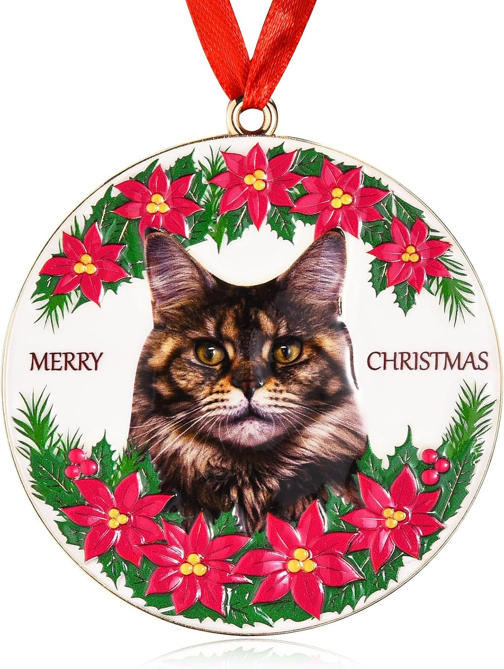 Maine Coon Christmas Ornament, 3D Metal Xmas Gifts for Maine Coon Lovers | Round Cute Hanging Xmas Cat Ornament for Tree Holiday Decoration, Ideal Holiday Maine Coon Gifts for Family Friends
