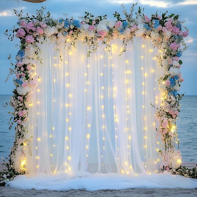 Tulle Backdrop Curtain with Lights String 30 X 10FT Ivory Sheer Tulle Backdrop Curtains for Wedding Birthday Party Reception Photo Booth Background Decorations (6 Panels 5x10FT)