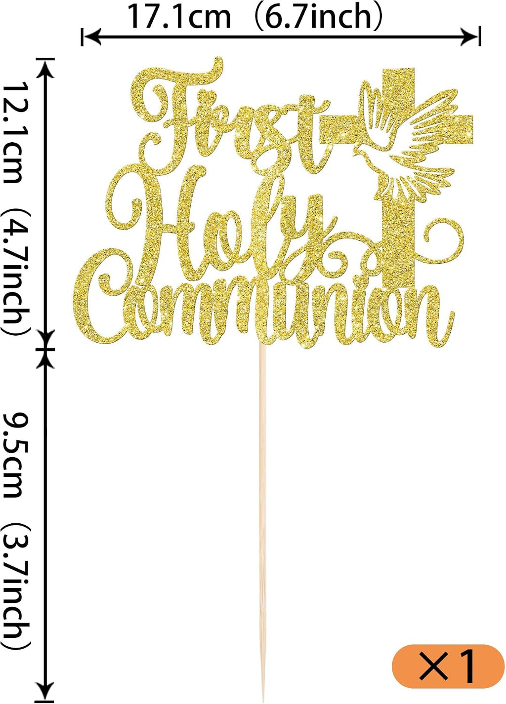 1 Pack First Holy Communion Cake Topper Glitter Cross Religious Cake Picks God Bless for Baby Shower Religious Theme Kids Frist Birthday Party Cupcake Decoration Supplies Gold