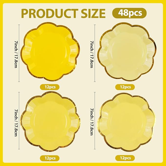 48Pcs Yellow Scalloped Party Plates - 7inch Gold Foil Gradient Yellow Dessert Paper Plate Disposable Cake Plates for Birthday Bridal Baby Shower Wedding Party Decorative Supplies
