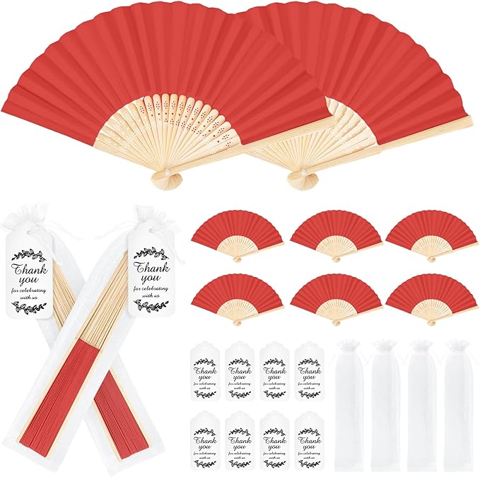 50Set Wedding Hand Fans Party Favors Red Paper Folding Handheld Fans Bulk, DIY Bamboo Fans with Thank Tag Organza Bag for Guests Bridal Dancing Props Church Decoation