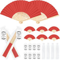 50Set Wedding Hand Fans Party Favors Red Paper Folding Handheld Fans Bulk, DIY Bamboo Fans with Thank Tag Organza Bag for Guests Bridal Dancing Props Church Decoation