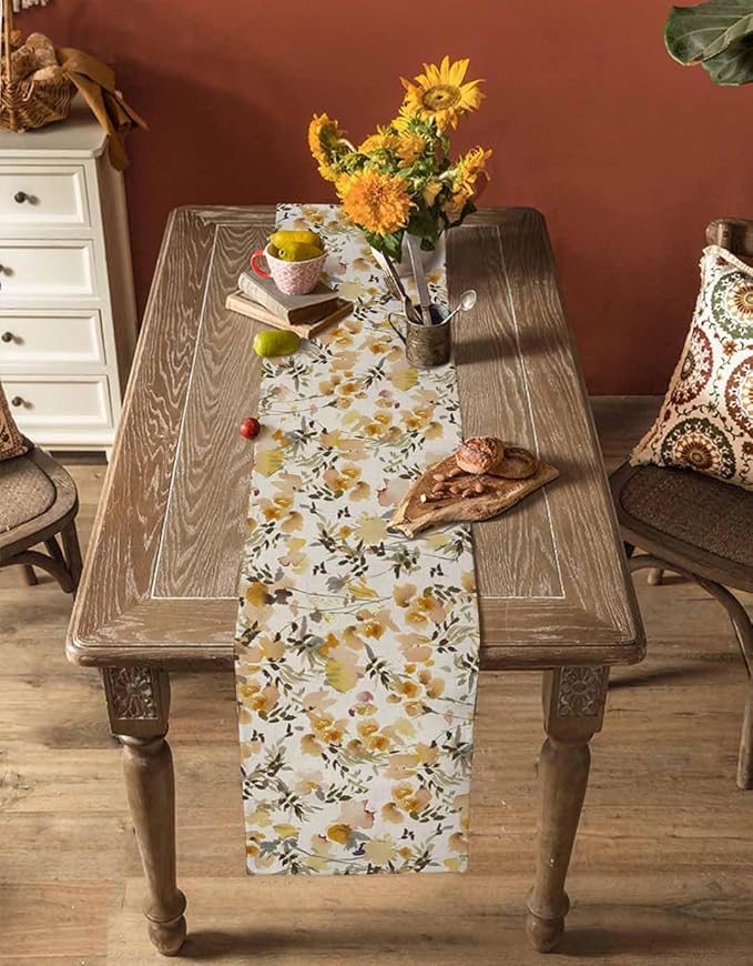 Vintage Orange Flower Cotton Linen Table Runner for Dining Kitchen, Wedding Outdoor Party Tablerunners Decoration, Farmhouse Botanical Floral Retro Dresser Scarf Coffee Tablecloth Runners 13x36 Inches