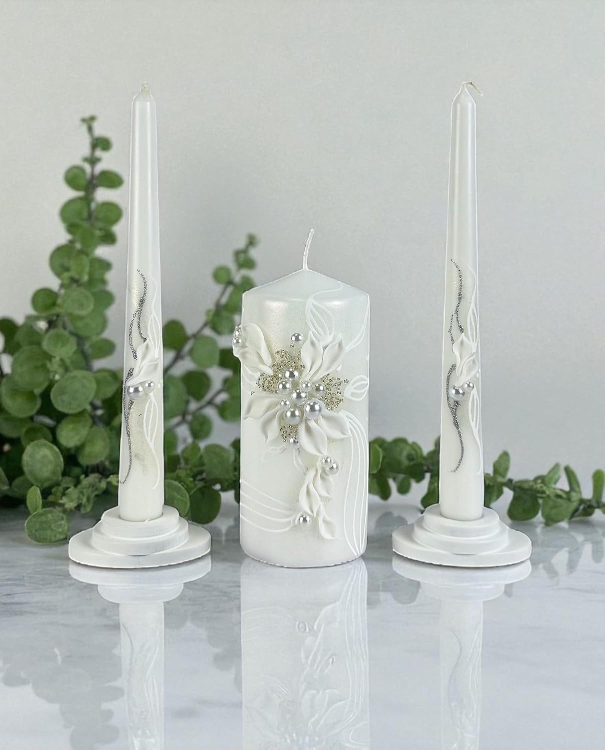 Unity Candle Set - Wedding Ceremony & Reception – 6” Pillar & Two 10” Taper Candles – Long Burning Unity Candles for Marriage Ritual – Handmade in USA – Royal White