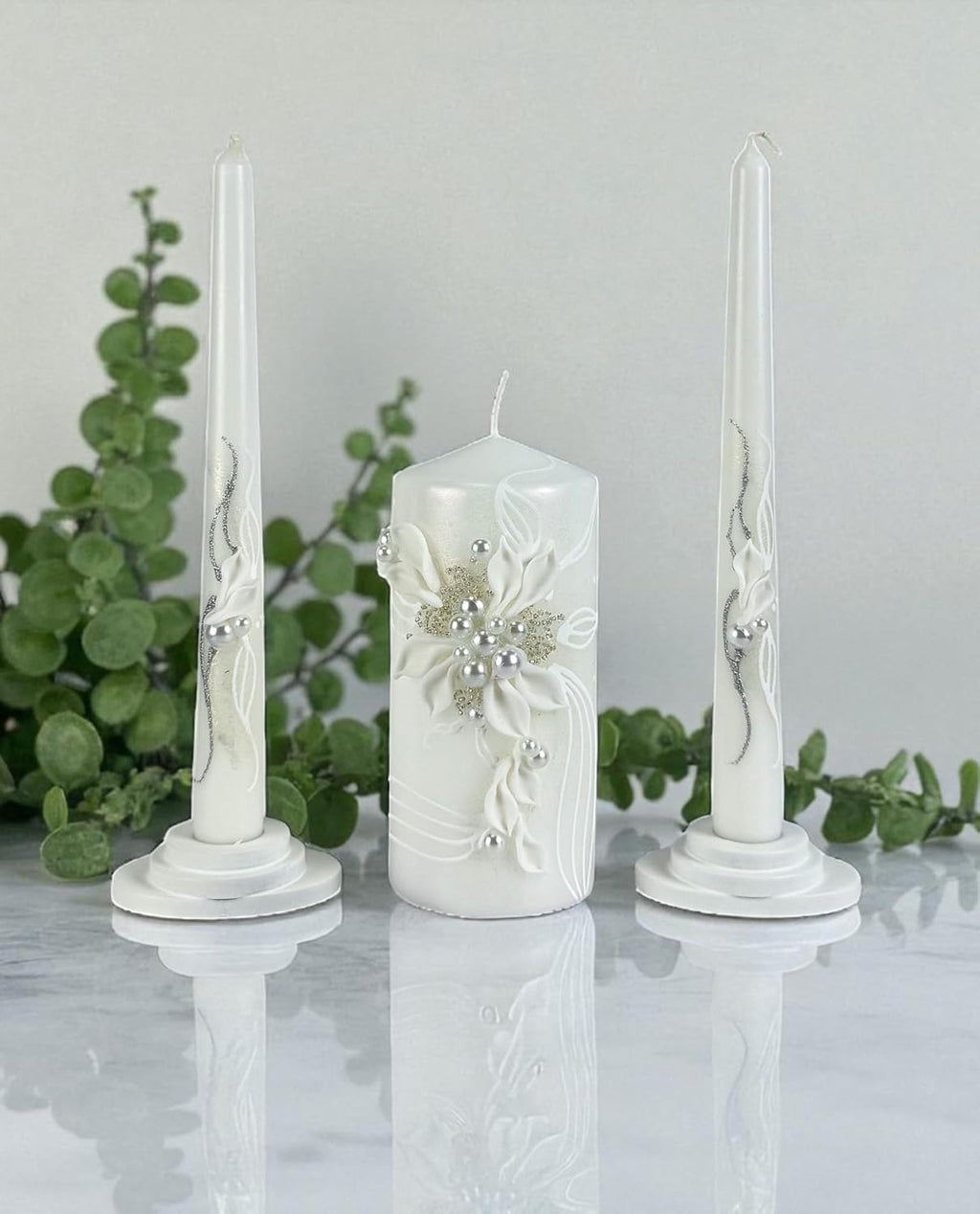 Unity Candle Set - Wedding Ceremony & Reception – 6” Pillar & Two 10” Taper Candles – Long Burning Unity Candles for Marriage Ritual – Handmade in USA – Royal White