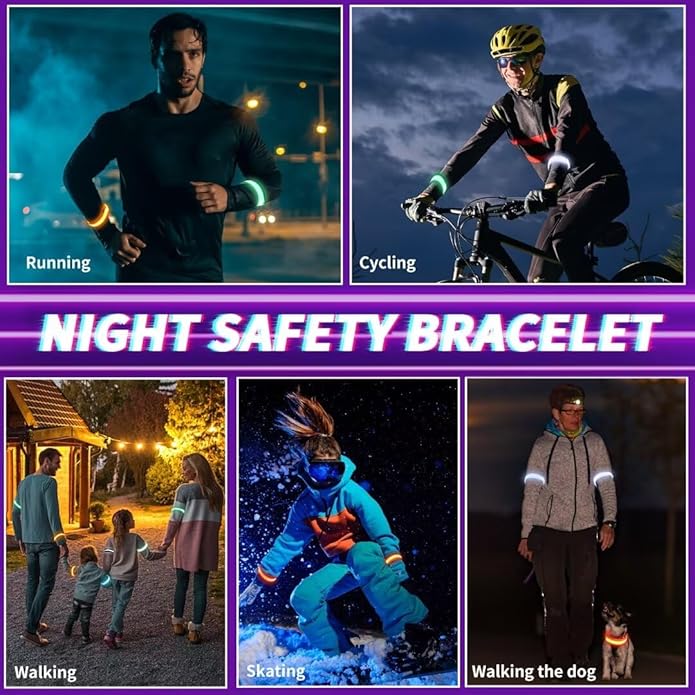 Dilabnba XL Glow Bracelets 6PCS, Reflective LED Bracelets - Adjustable Light Up Arm Bands for Adults Kids Night Running/Cycling Safety, Pet Safety Light, Concerts Rave Party Supplies (Multi-Color)
