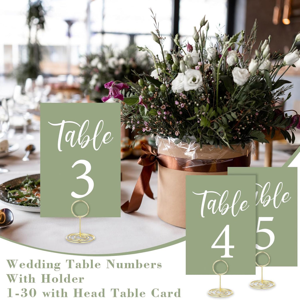 Table Numbers Cards 1-30 Wedding Table Numbers with Holder Table Number Stands Bulk Wedding Table Signs Sage Green with Head Table Card for Bridal Shower Wedding Anniversary Birthday (Sage Green)
