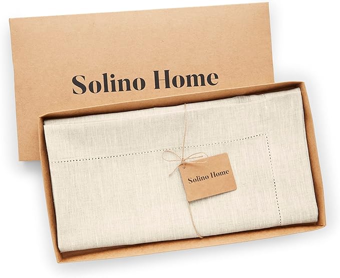 Solino Home Light Natural Linen Tablecloth 52 x 52 Inch - 100% Pure Linen Square Table Throw - Classic Hemstitch, Machine Washable Table Cloth for Fall, Autumn, Thanksgiving, Christmas, Holiday