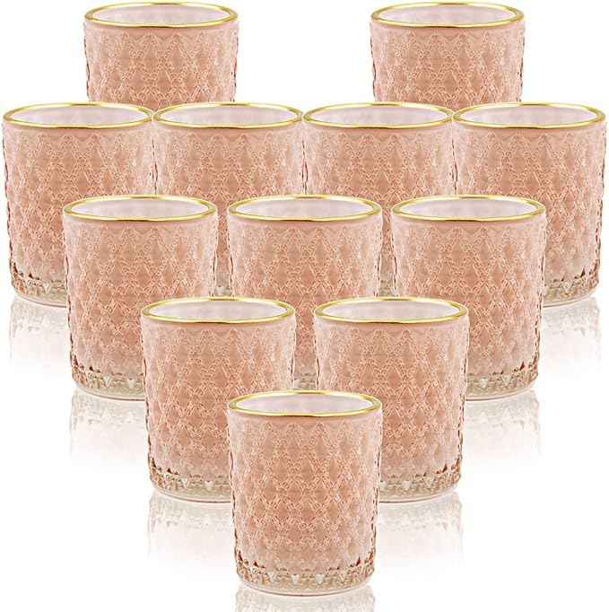 SHMILMH Pink Votive Candle Holders Set of 12, Vintage Glass Tealight Candle Holder with Gold Rim, Votives for Valentines Table Centerpiece, Wedding Decoration