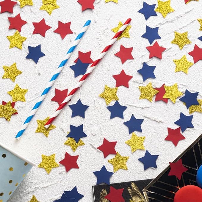 MOWO Gold Blue and Red Star Confetti Table Decoration for 4th July Graduation Retirement Theme Party,1.2 inch in Diameter,200 Counts