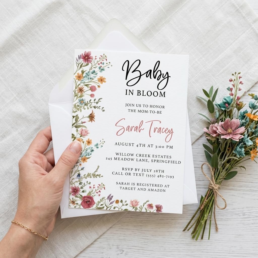 Printed Party Custom Baby Shower Invitations with Envelopes – Wildflower | Baby in Bloom Floral Design | Includes Matching Envelopes | For Girl Baby Shower or Sprinkle | Made in USA | 5x7