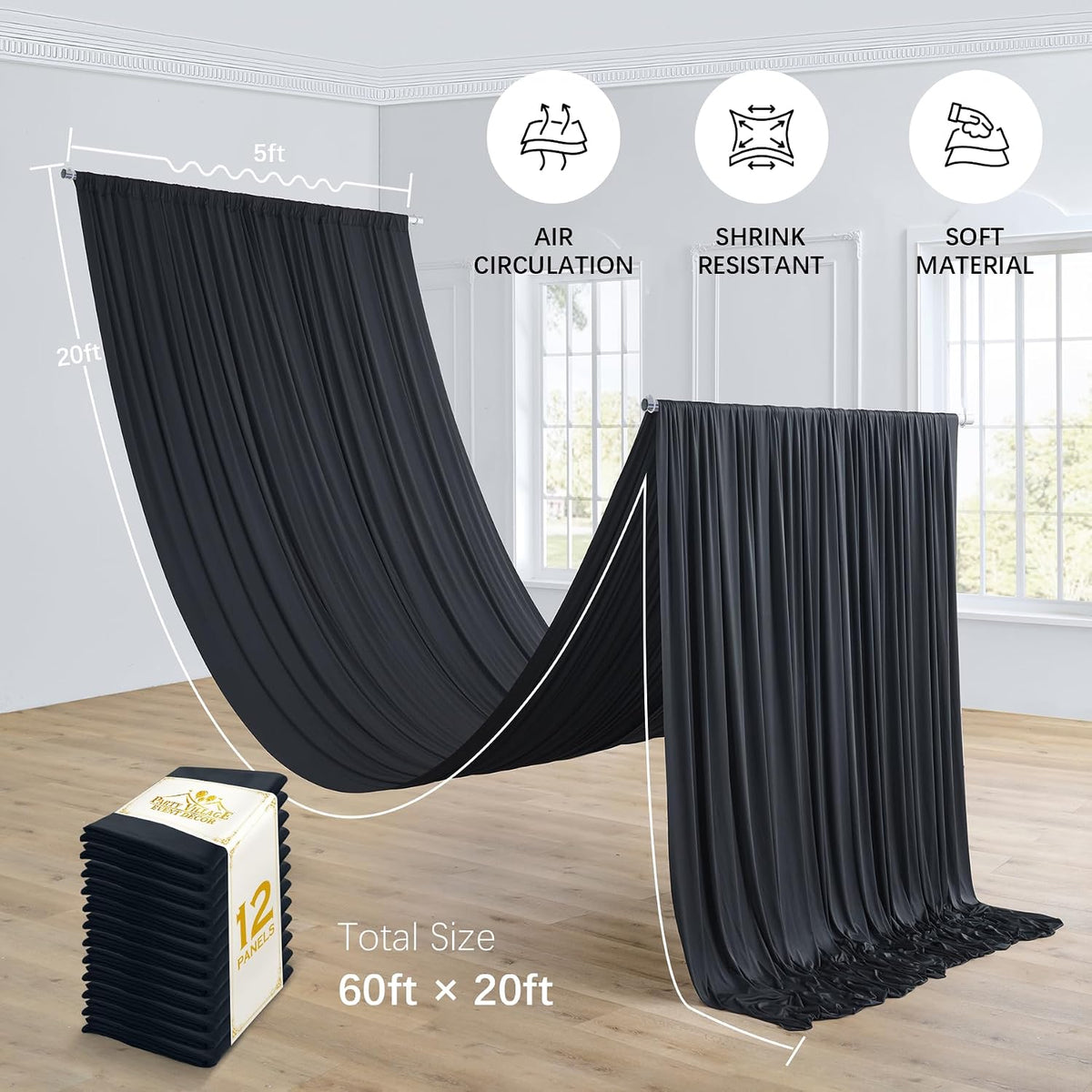 12 Panels 5ft(W) x 20ft(L) Black Ceiling Drapes for Halloween Parties