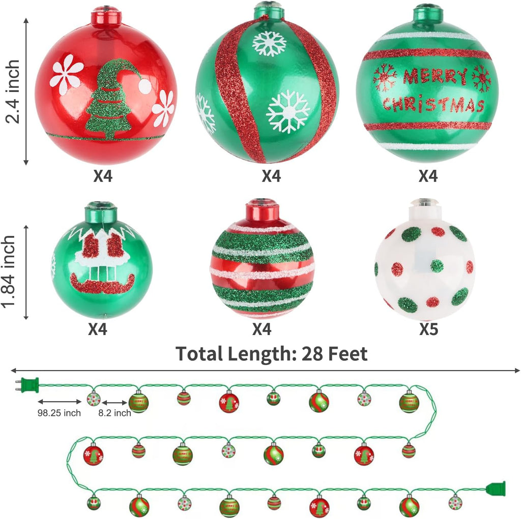 AIRIVO Grinch Christmas Tree Ball Ornaments with Lights 28ft, 25 Bulb Shatterproof String Lights End to End Connectable for Indoor & Covered Outdoor Christmas Decor