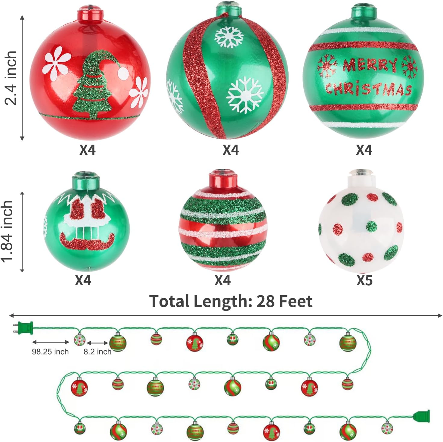 AIRIVO Grinch Christmas Tree Ball Ornaments with Lights 28ft, 25 Bulb Shatterproof String Lights End to End Connectable for Indoor & Covered Outdoor Christmas Decor