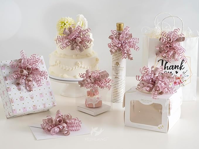 HUIHUANG Self-Adhesive Curly Bows Gift Wrap Accessory Dusty Rose Gift Bow 5 inch x 8 Counts Dusty Pink Ribbon Bows for Presents, Paper Bag, Party Favors, Bridal Shower Wedding Decoration