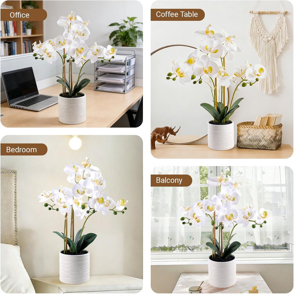 faux orchid plant 23" tall, realistic touch leaves, close-up detail
