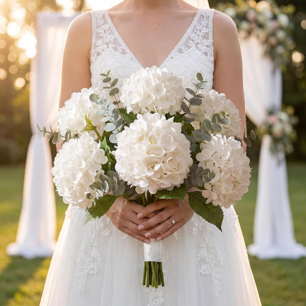 pinkpum 6 pcs white hydrangea artificial flowers with, close-up detail