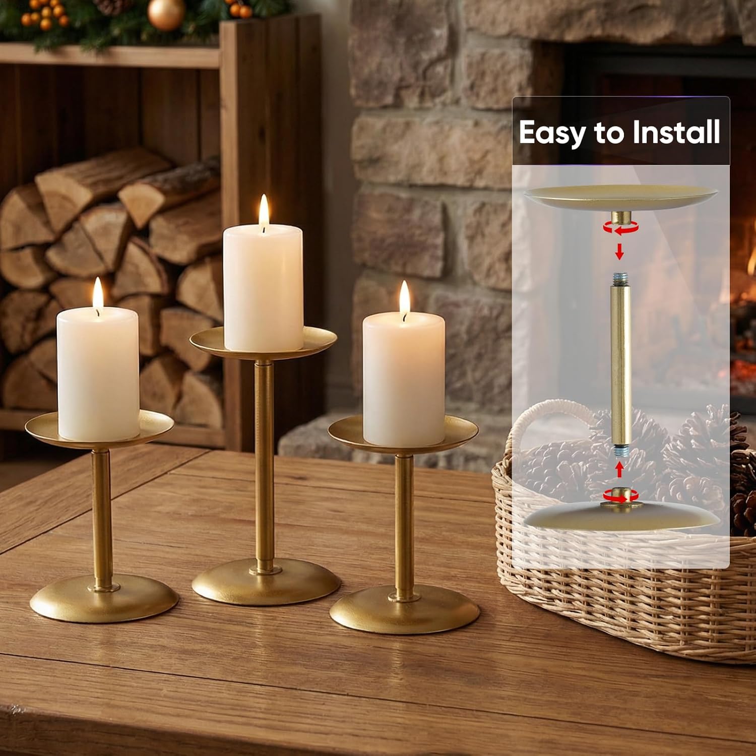 Homemory Christmas Metal Fall Candle Holders Stands for Pillar Candles Set of 5, Candleholder Sets for Table Centerpiece Fireplace (5, Gold)