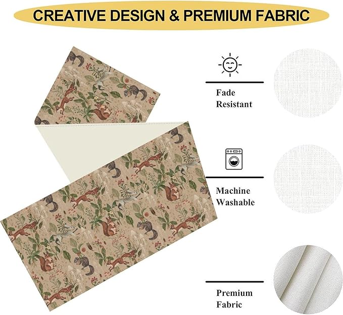 Rustic Forest Table Runner, Farmhouse Wild Woodland Animals Country Deer Fox Rabbits Watercolor Table Center Decor for Home Kitchen Dining Patio Holiday Party Outdoor Table Decorations, 13"x72" Inch