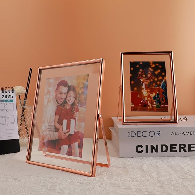 Rose Gold Floating Picture Frame, 6"x8", Vertical, For Picture 5x7, 4x6, 3x5, Medium Tabletop Photo Frame, Classy Gift For Holiday, Birthday or Wedding, Home or Office Décor