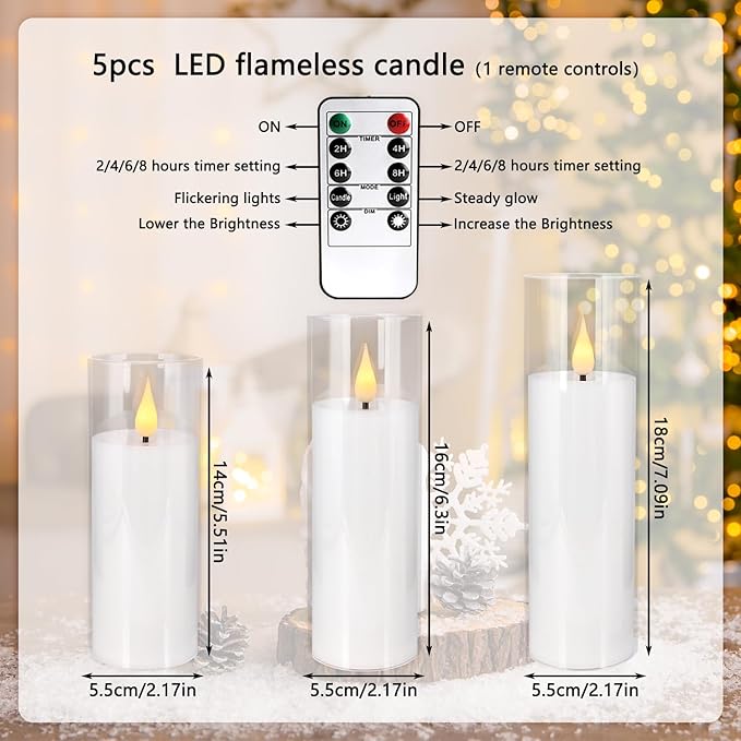 Flameless Candles,Battery Operated LED Candles Ideal for Halloween, Christmas,Home Decor,Home Party Wedding Indoor Outdoor,White 2.2X5“6”6“7”7“H