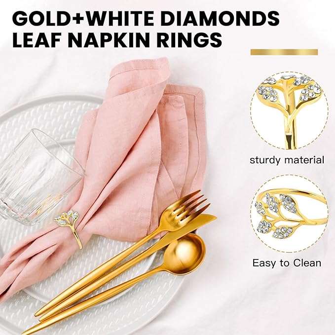 Gold Napkin Rings Set of 10,Napkin Rings Holder Buckles,Thanksgiving Christmas Napkin Ring Alloy Leaf Diamonds Napkin Ring for Dining Table Decor Wedding,Dinner Party Decorations White Diamonds 10pcs
