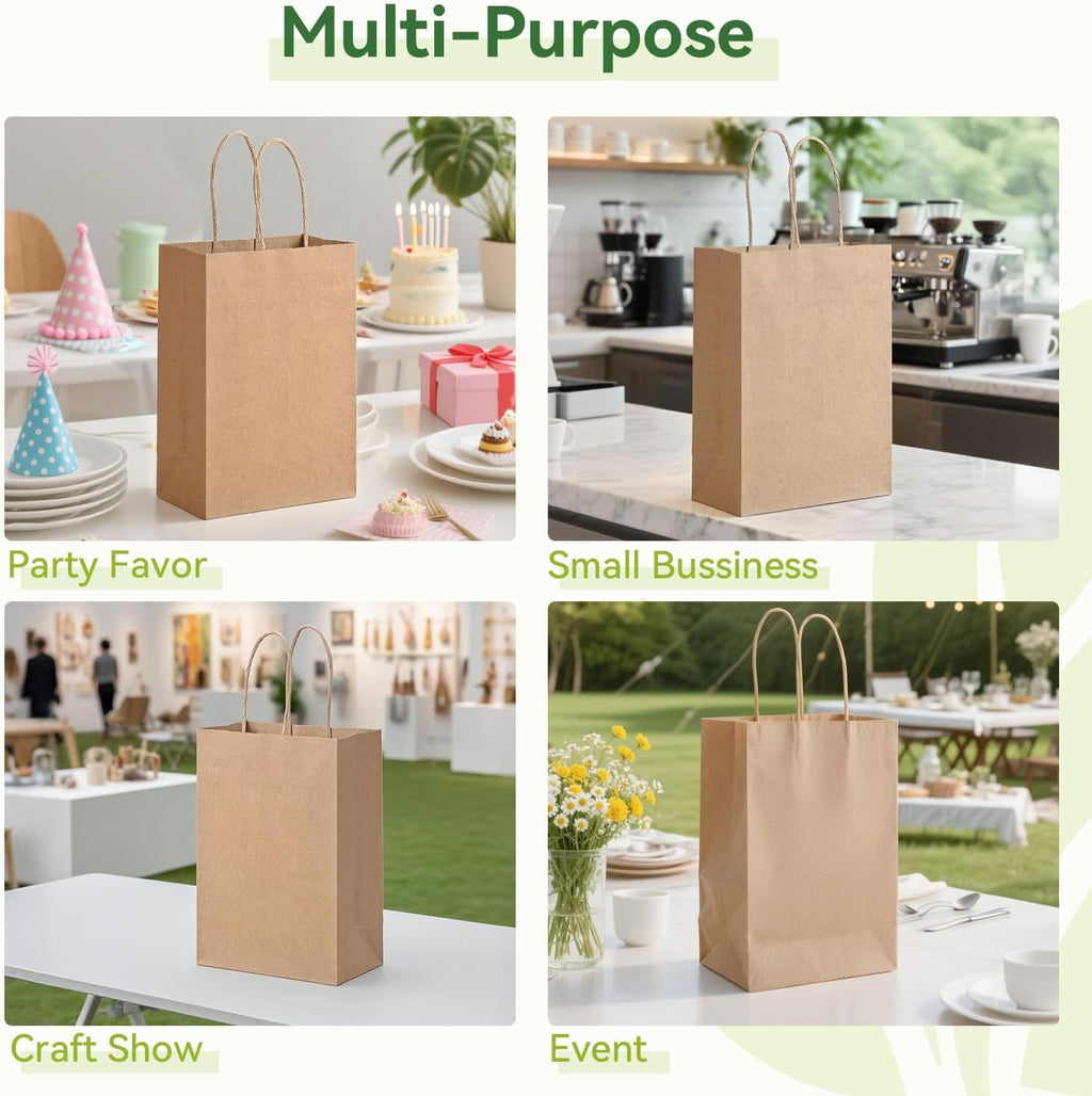 100 Pack Small Paper Gift Bags with Handles, 5.25 x 3.25 x 8 Inch, Brown | Kraft Material, Bulk Pack for Craft, Shopping, Business, Retail, Party Favor, Birthday and Grocery Use