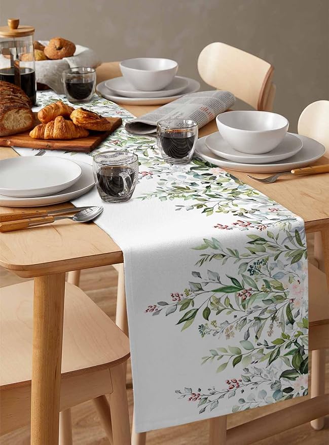 Botanical Eucalyptus Cotton Linen Table Runner for Dining Kitchen, Wedding Outdoor Party Tablerunners Decoration, Sage Green Leaves Elegant Floral Dresser Scarf Coffee Tablecloth Runners 13x36 Inches