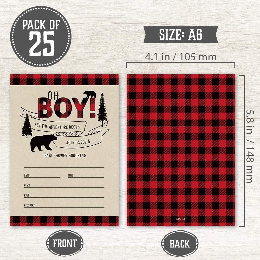 Baby Shower Invitations for Boy with Envelopes (Set of 25) - Lumberjack Baby Shower Invitations with Diaper Raffle Tickets and Book Request Cards - Rustic Buffalo Plaid Oh Boy Baby Shower Invites