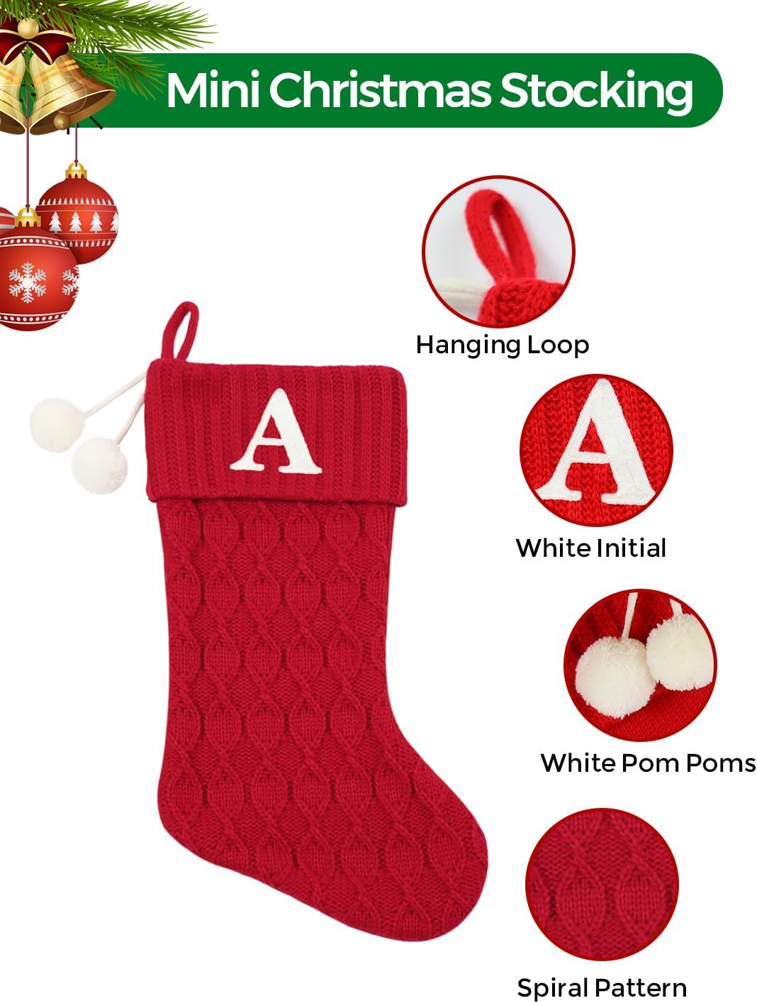 20 Inchs Red Knit Christmas Stockings, Personalized Initial Embroidered Xmas Stocking Larger Sock for Christmas Tree Fireplace Christmas Party Holiday Hanging Stocking Decorations(S)