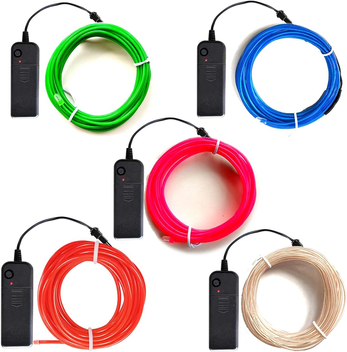 dobestyou 5-Pack EL Wire, 9Ft Neon Glow Electroluminescent Wire (Red/Blue/Green/Pink/White), Perfect for DIY Designs and Various Holiday & Party Decorations