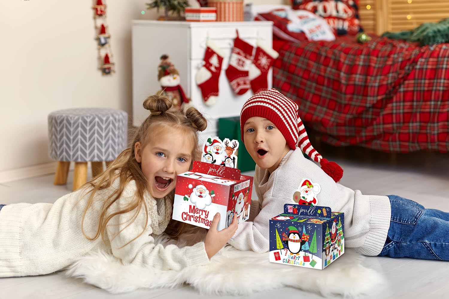 Jaywayang 2PCS Christmas Surprise Money Box for Cash Gift, Merry Christmas Money Gift Box with Card Holder for Kids Adults, DIY Fun Holiday, Includes 100Pcs Transparent Bags（Red, Blue