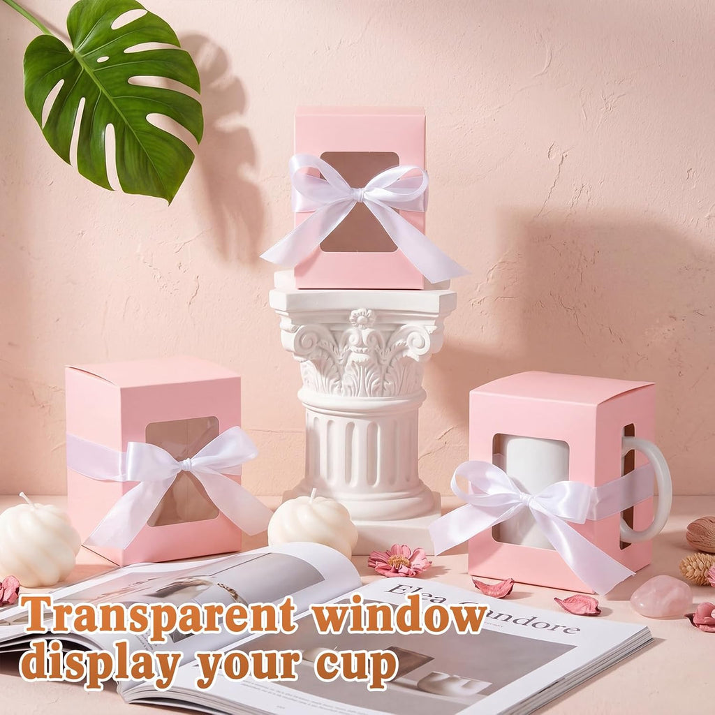 Harloon 36 Pack Mug Boxes for Gifts Transparent Packaging Box for Shipping 11oz Blanks Sublimation Ceramic Coffee Mugs Wine Glass Wrapping Holder Candle Gift (Pink)