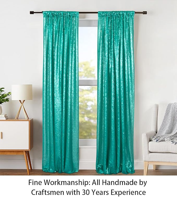 ShinyBeauty Sparkle Backdrop Curtain Teal 2 Panels Set Sequin Photo Backdrop Christmas Green 2FTx8FT Sequin Backdrop Curtain Pack of 2 Christmas Photo Backdrop-1220S