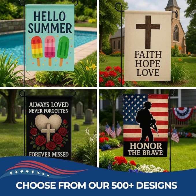 Custom Garden Flag with Pole Stand By DC – Personalized Garden Flags for Outside, Decorative Seasonal Garden Flag Holder Set, Double Sided Small Yard Flag Stake with Stand – 12”x18” | Made in USA