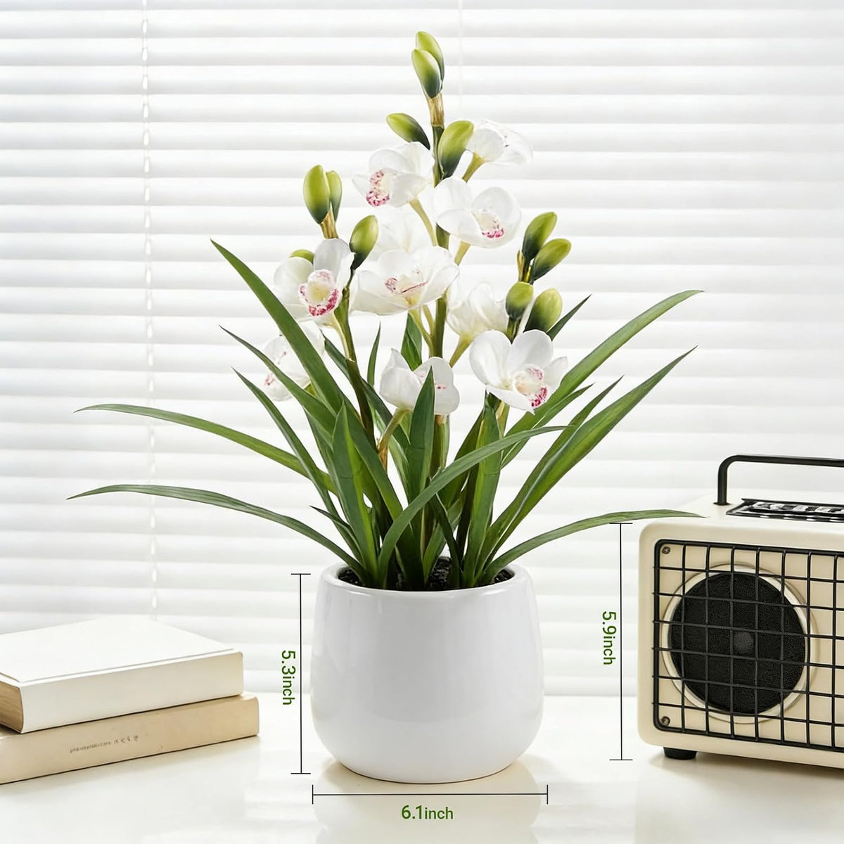 faux orchid plant 19" tall, realistic touch leaves, package contents
