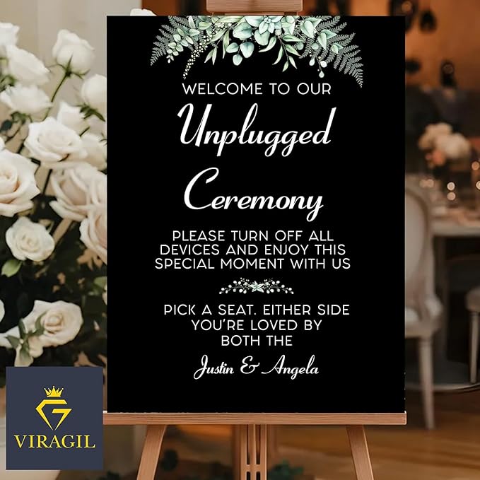 Personalized Unplugged Ceremony Sign – Elegant Wedding Yard Sign with Greenery – Turn Off Devices & Find Your Seat