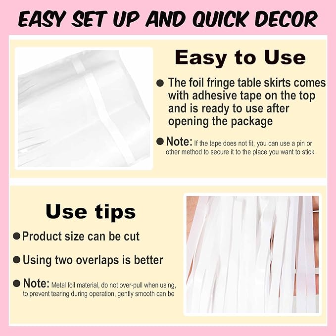 3 Pack 29 x108 Inch Macaron White Foil Fringe Table Skirts Metallic Banner for Tinsel Streamer Garland Backdrop for Parade Floats Mother's Day, Graduate, Birthday, Wedding Party Decoration