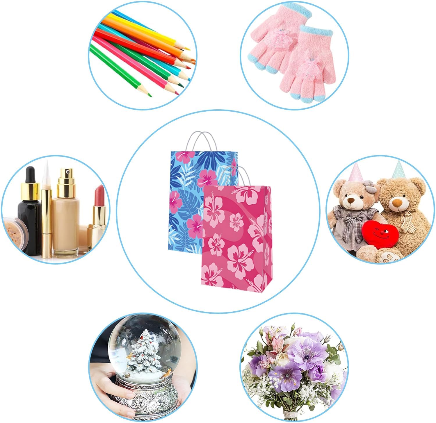 16 Pcs Cute Cartoon Pink Blue Hawaii Party Favor Bag Print Flower Patterns Gift Bags with Handles -Cartoon Themed for Hawaiian Tropical Birthday Supplies