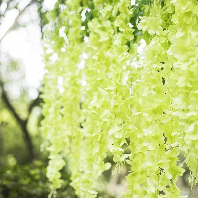 12 Pack Green Wisteria Hanging Flowers Garland, 3.77 Feet Artificial Flower Vines, Fake Wisteria, Artificial Vines Hanging Garland for Backdrop Outdoor Yard Garden Decor