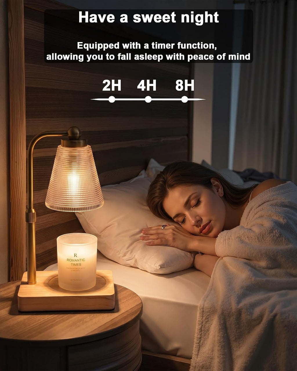 Candle Warmer Lamp with Timer - Adjustable Height & Brightness - Wood Base Glass Shade - 2 Bulbs Included(Square Gold)
