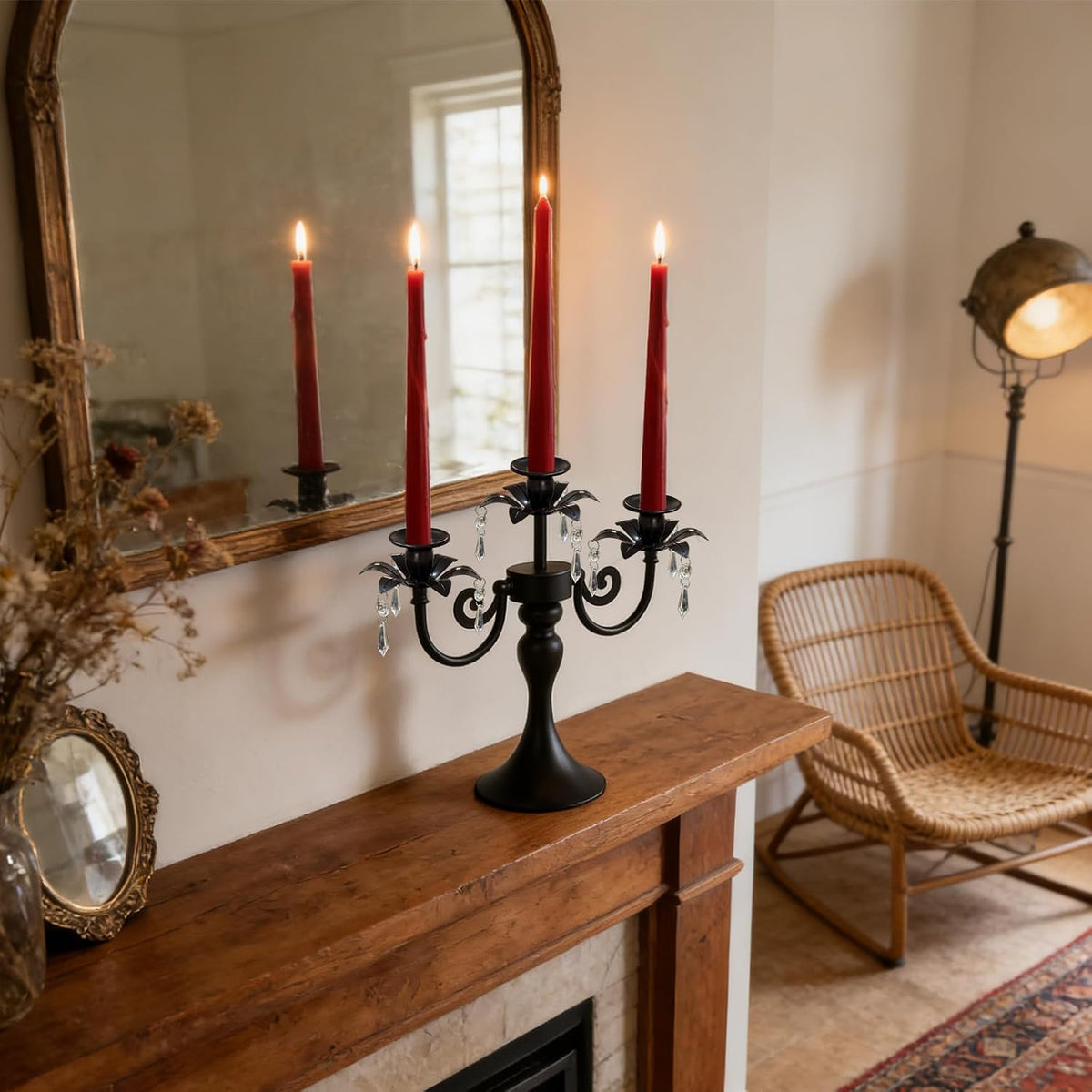 Metal 3 Arm Candelabra with Crystal Pendants - 11.8 Inch Tall Candle Holders,...