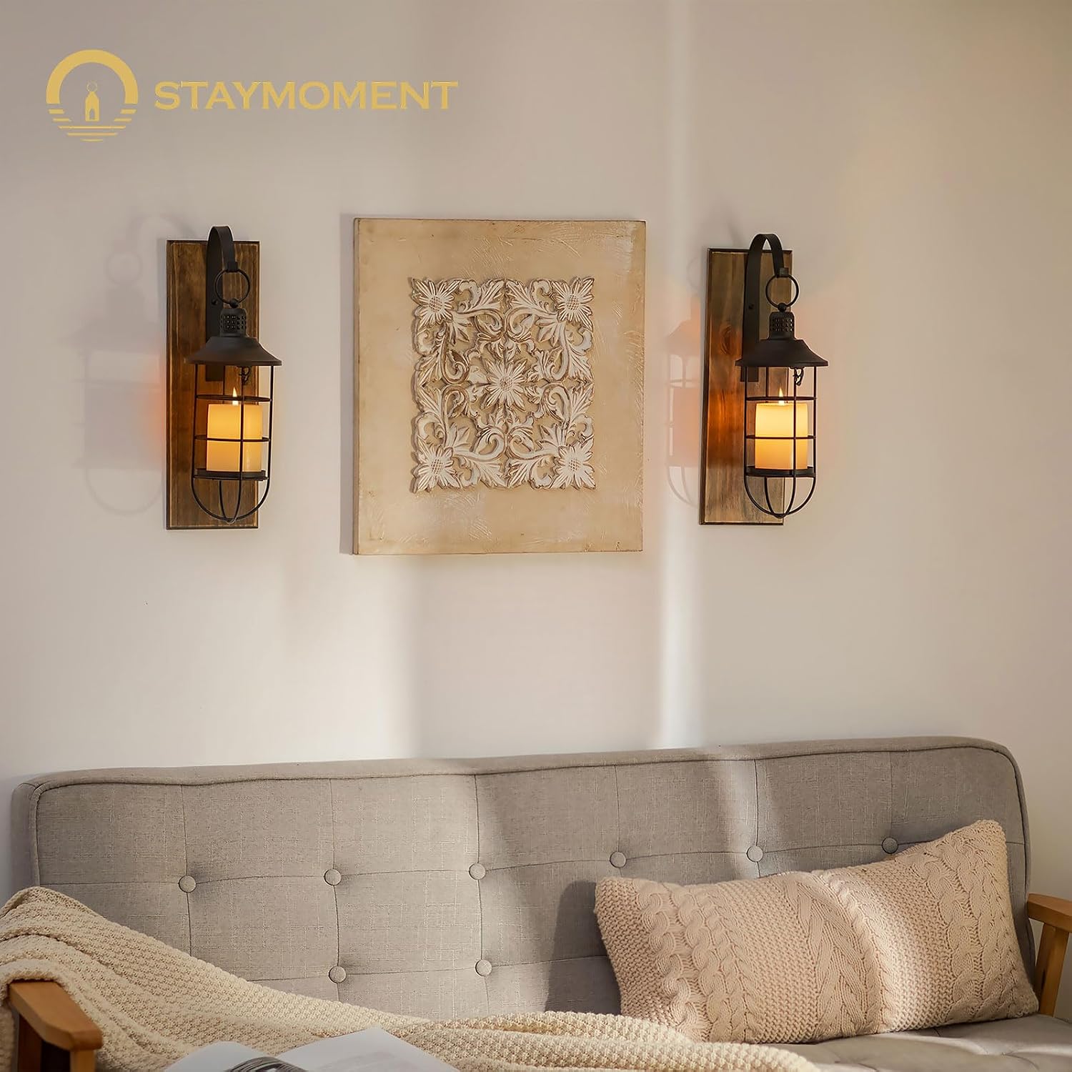 Wall Candle Sconce with Black Lantern, Set of 2 Farmhouse Decor | Candle holders with Distressed Wood Boards, for Front Porch, Living Room, Dining Room, Bedroom or TV wall