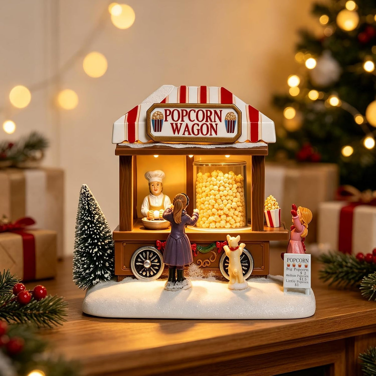 mumtop christmas village house, animated popcorn wagon with, package contents