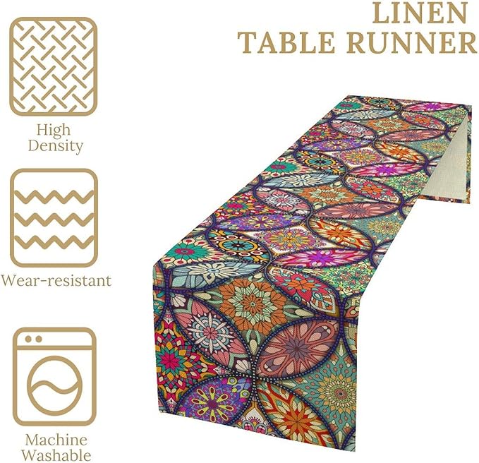Boho Floral Table Runner,Colorful Flower Retro Bohemian Table Cloth Kitchen Dining Table Home Party Decoration 13x108 Inch