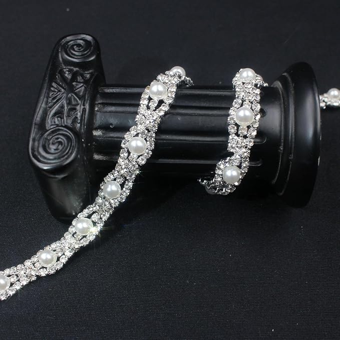 PEARLY JUN 2 Yards Pearl Rhinestone Trim Chain Silver Crystal Fringe Diamond Applique Ribbon String Tassel Strip for Sewing Wedding Dress Crafting Crafts Flower Embellishments